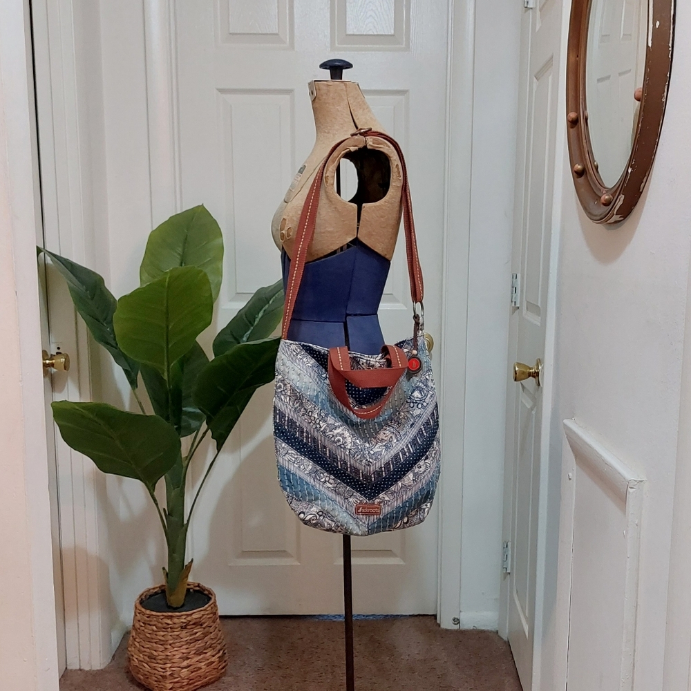 Sakroots Blue Multi Chevron Hobo Bag with Brown Accents